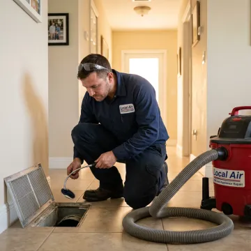 Technician inspecting ductwork during cleaning service