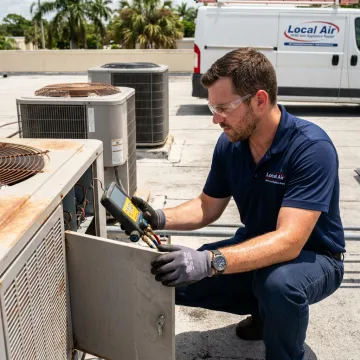 Technician maintaining commercial AC unit