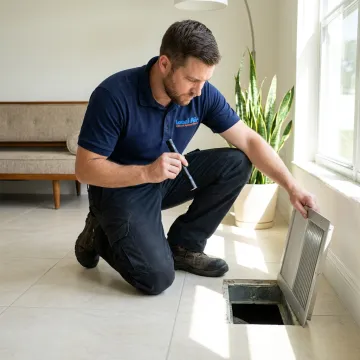 HVAC technician inspecting ductwork before cleaning