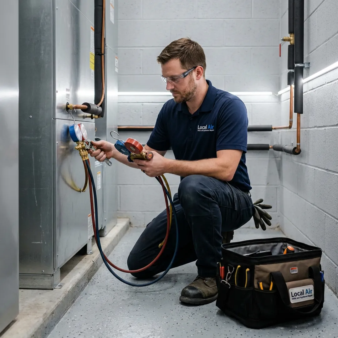 Technician servicing a commercial HVAC air handler
