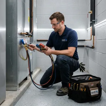 Technician servicing a commercial HVAC air handler