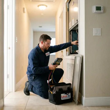 HVAC technician inspecting a home AC system