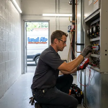 Technician inspecting commercial AC controls