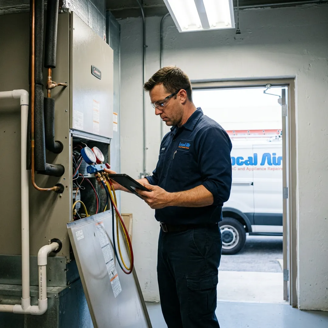 Commercial HVAC technician inspecting indoor air handler