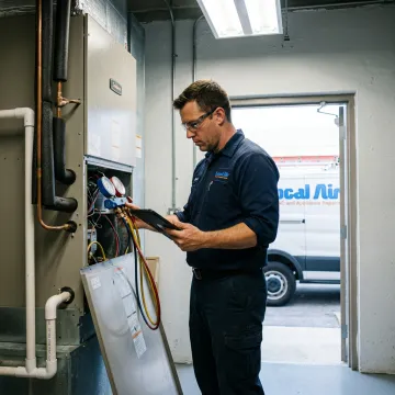 Commercial HVAC technician inspecting indoor air handler