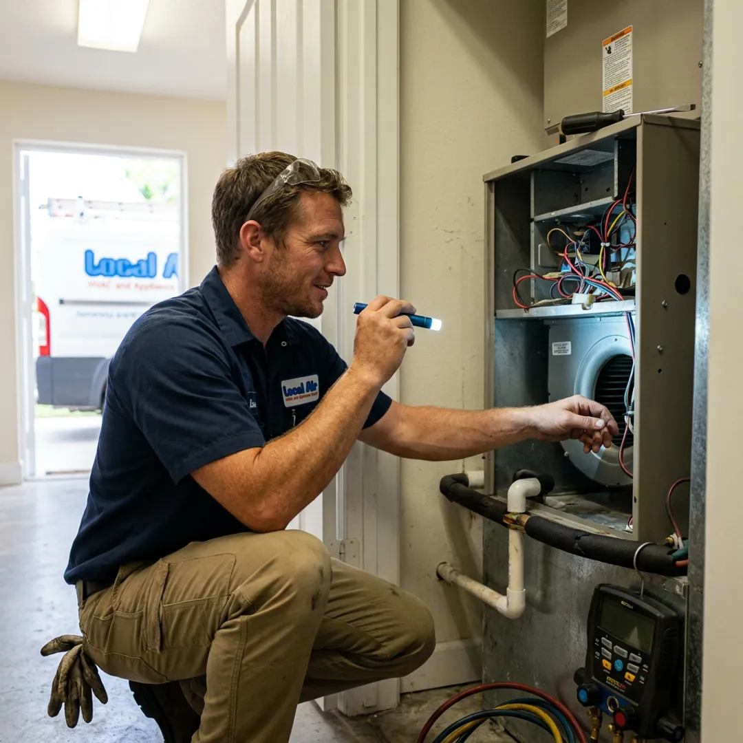 Technician inspecting an indoor air conditioning unit