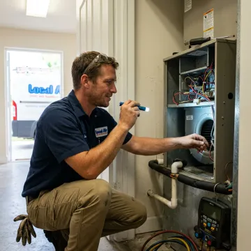 Technician inspecting an indoor air conditioning unit