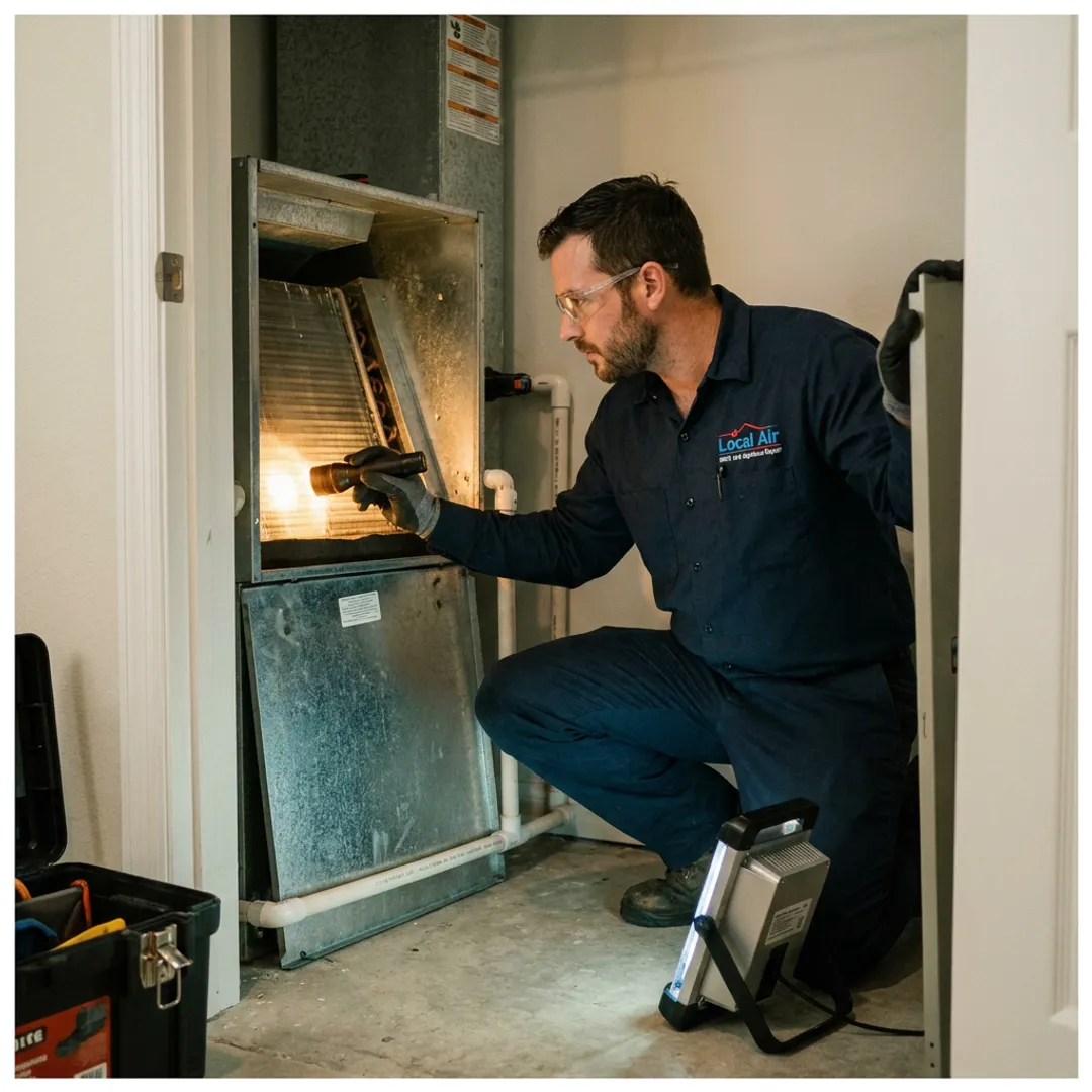 Technician inspecting HVAC air handler before UV light installation