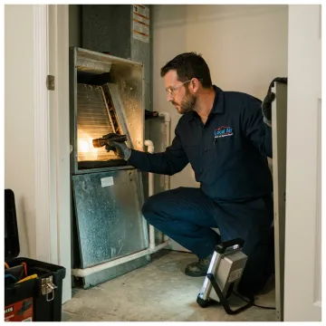 Technician inspecting HVAC air handler before UV light installation