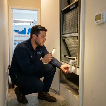 Technician checking an indoor HVAC air handler