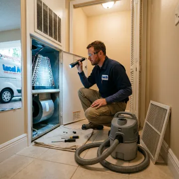 Technician inspecting ductwork and AC equipment