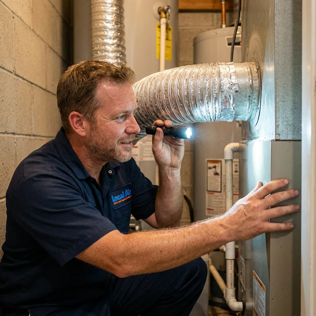 Technician inspecting HVAC air handler for air quality issues