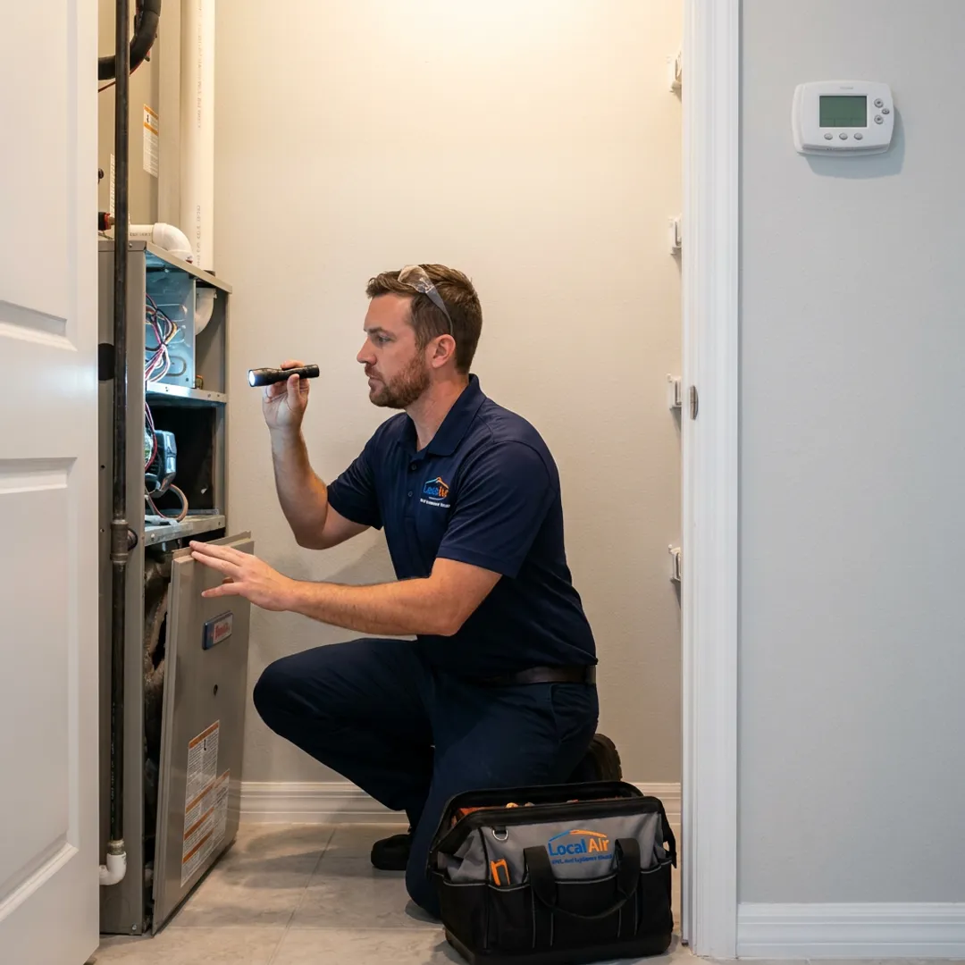 Technician checking AC system during tune-up