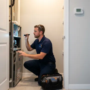 Technician checking AC system during tune-up