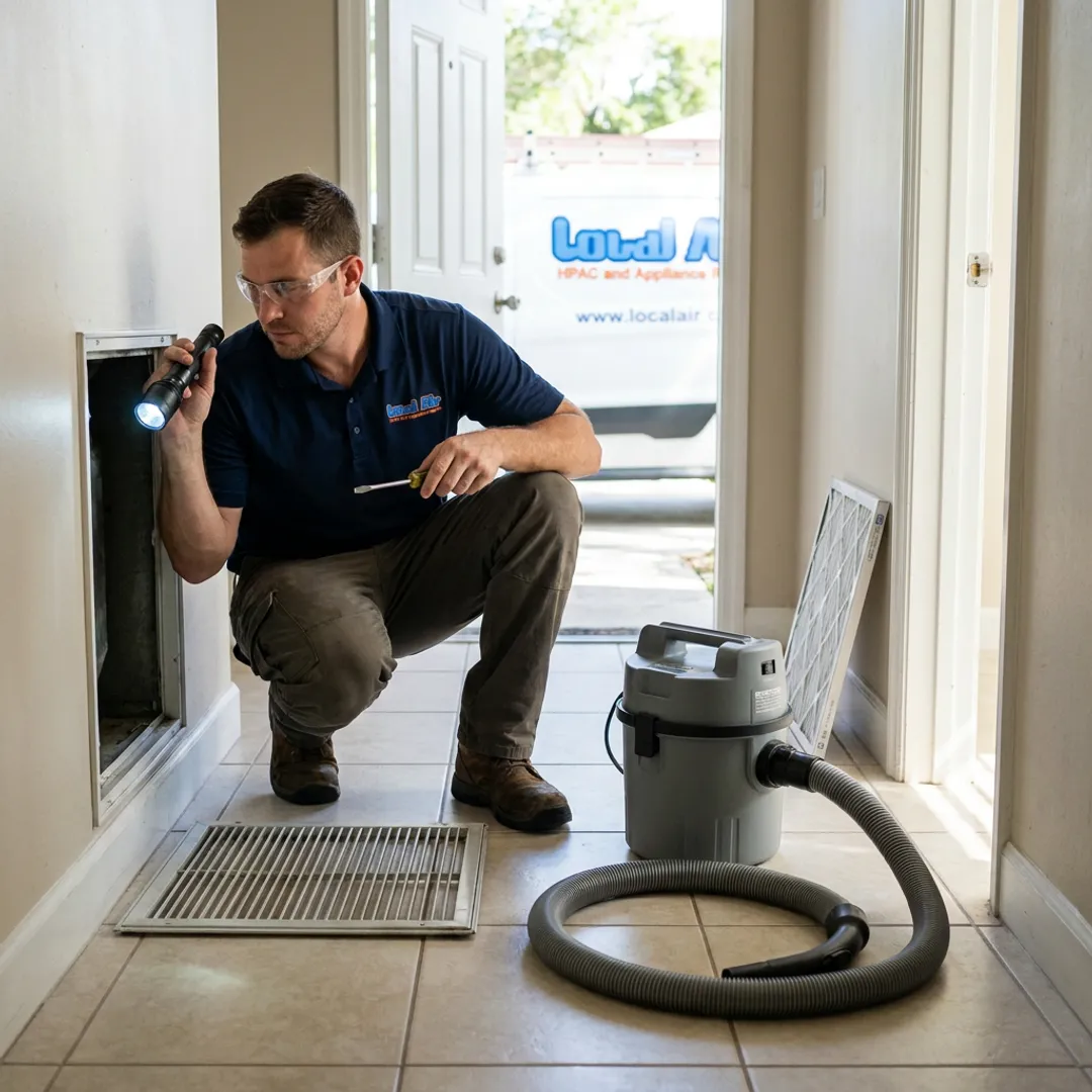 Technician inspecting air vents and ductwork