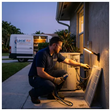 HVAC technician repairing an outdoor AC unit