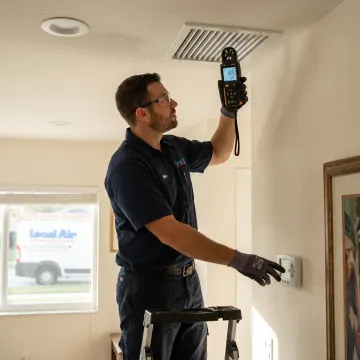 HVAC technician testing AC performance indoors