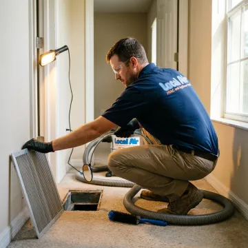 HVAC technician inspecting and cleaning ductwork