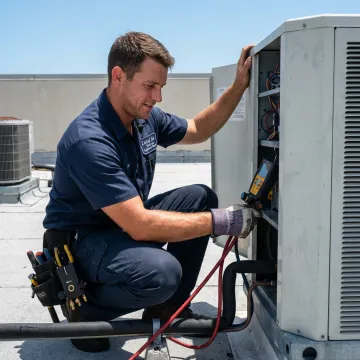 Commercial HVAC technician servicing rooftop unit
