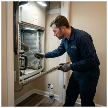 Technician cleaning an AC coil