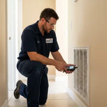 Technician checking HVAC vent airflow and indoor air quality