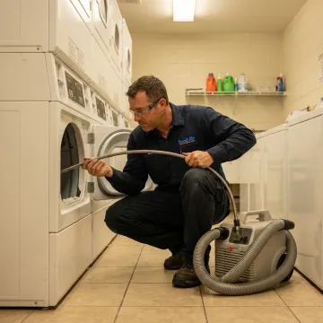 Dryer vent cleaning tools in a shared laundry room
