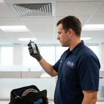 Technician testing indoor air quality in a business