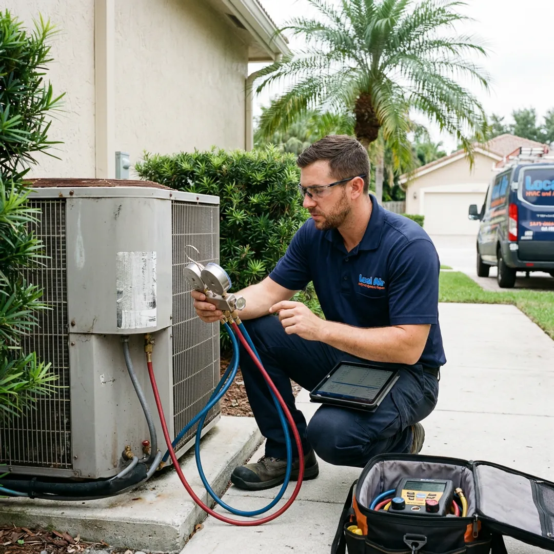 HVAC technician checking residential AC system performance