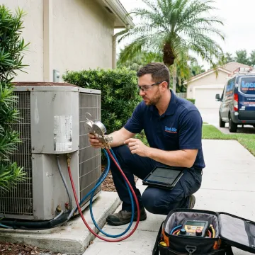 HVAC technician checking residential AC system performance