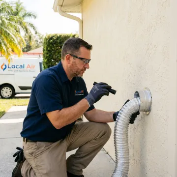 Technician inspecting a dryer vent line