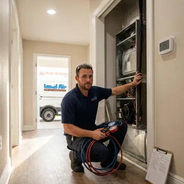HVAC technician checking an indoor air handler