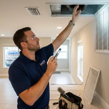 Technician inspecting an air vent before cleaning