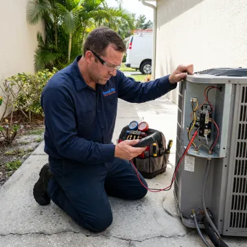 Technician testing HVAC electrical components