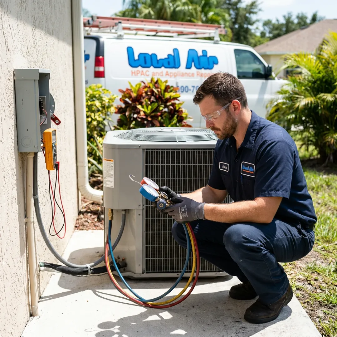 Technician inspecting air conditioning equipment