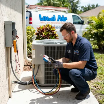 Technician inspecting air conditioning equipment