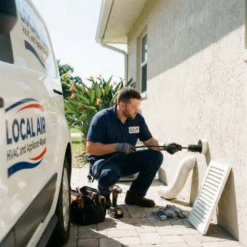 Technician cleaning a dryer vent at a Deerfield home