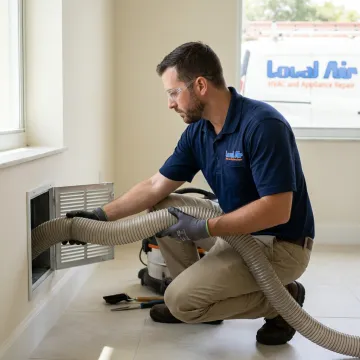 Air duct cleaning equipment connected to HVAC vent