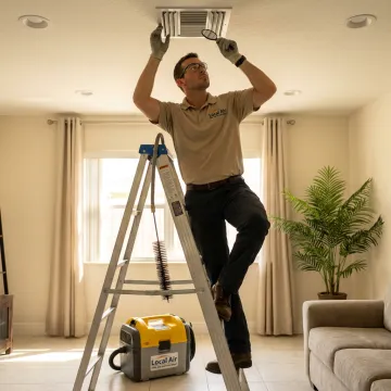 HVAC technician inspecting an air vent before duct cleaning