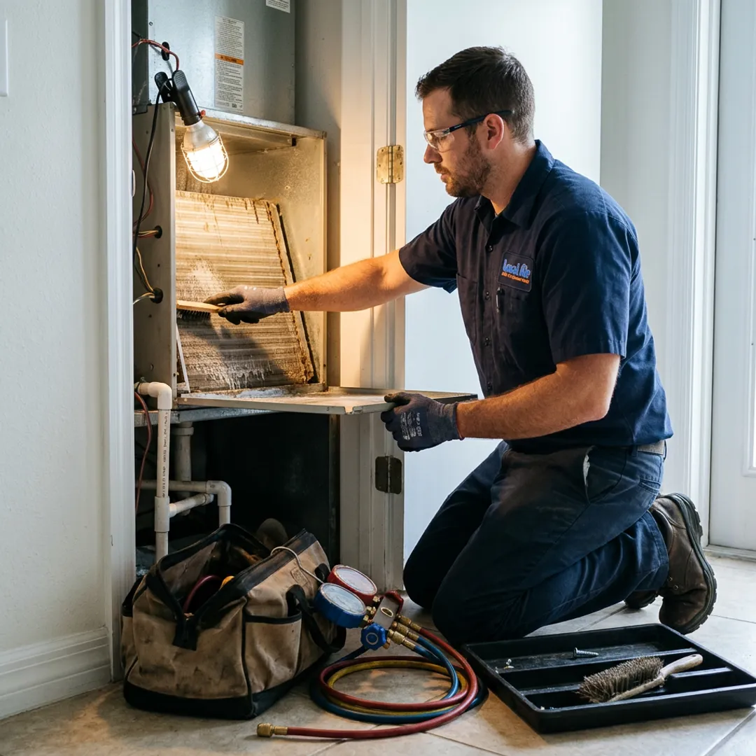 Technician cleaning AC components during maintenance
