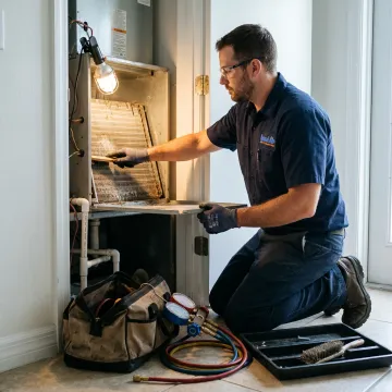 Technician cleaning AC components during maintenance