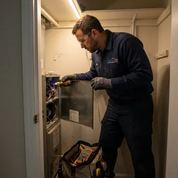 Technician inspecting an indoor HVAC air handler