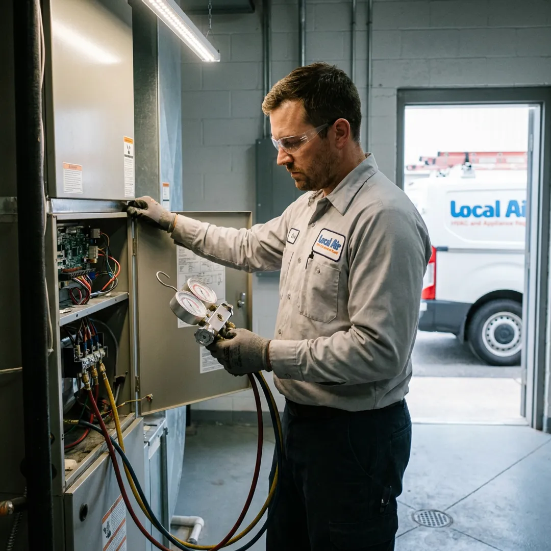 Technician inspecting commercial HVAC system