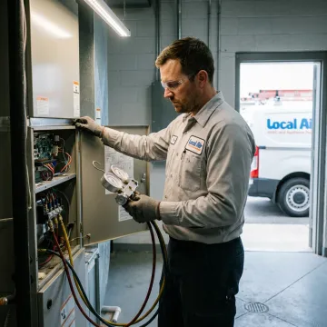 Technician inspecting commercial HVAC system