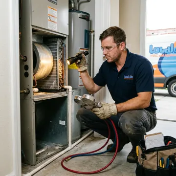 HVAC technician diagnosing an AC system