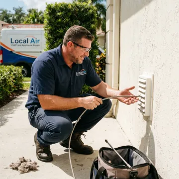 Technician inspecting cleaned dryer vent airflow