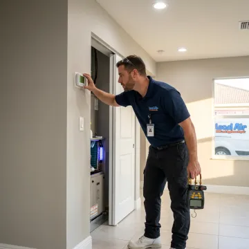 Technician inspecting an indoor residential AC system