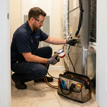 Technician inspecting an air handler and ductwork