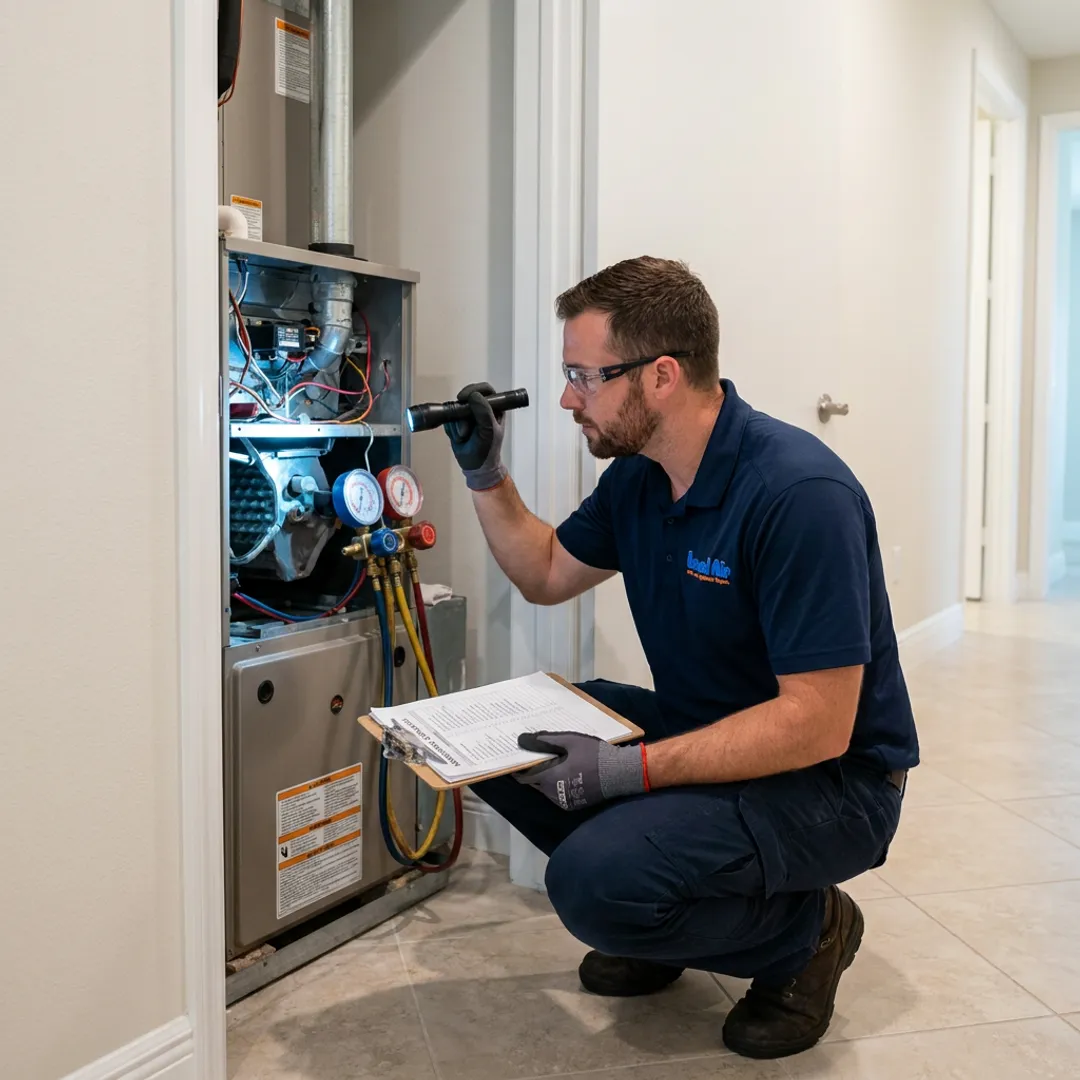 Technician inspecting an indoor AC air handler