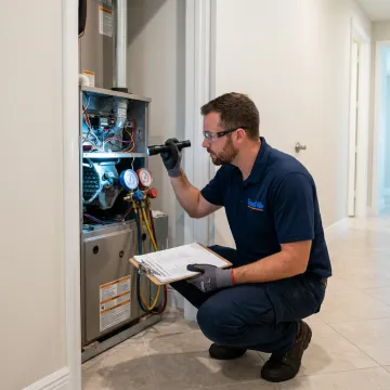 Technician inspecting an indoor AC air handler