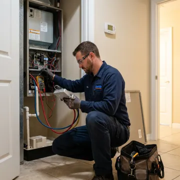 HVAC technician testing an indoor AC air handler